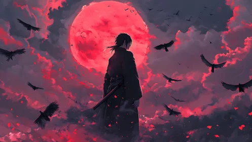 Scarlet moonlit swordsman amid swirling storm crows.