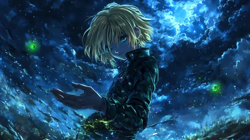 Starlit young mage gently commands swirling cosmic night