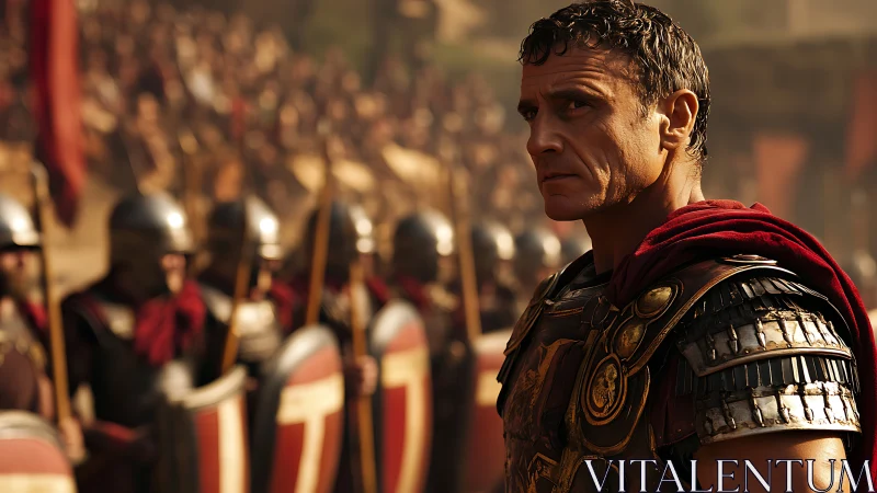 Roman military officer in formation before assembled troops.