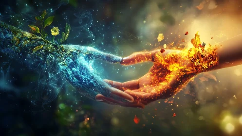 Two Hands Clash Where Fire Meets Frost in Cosmic Dance