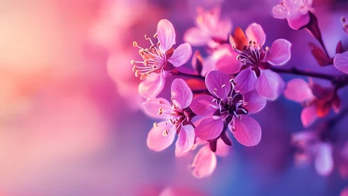 Pink purple flowers with stamens on blurred nature background