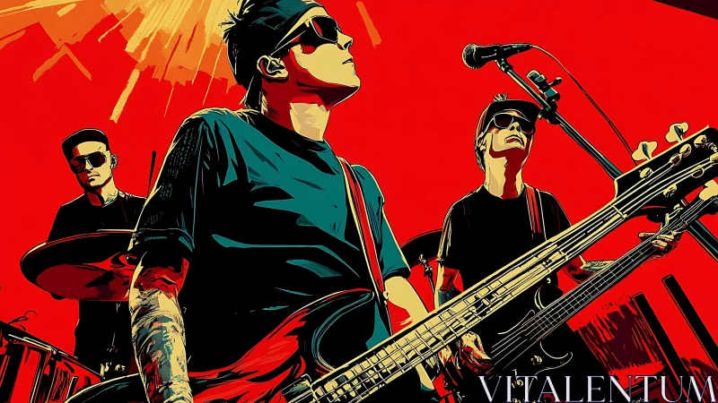 High-contrast vector illustration of rock trio on stage