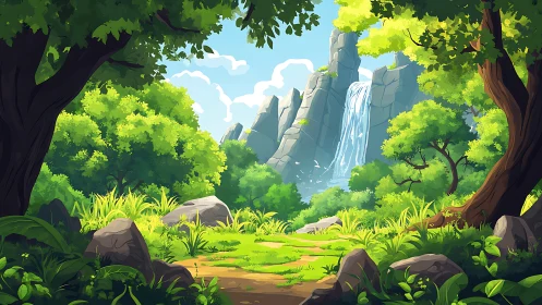 Digital forest landscape with cascading waterfall formation.