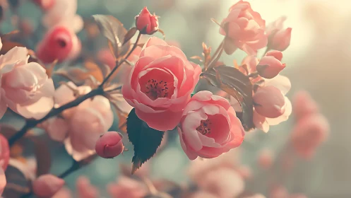 Pink garden roses with soft focus background.