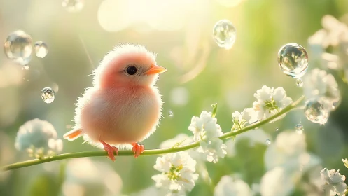 Pastel chick balanced on blossom branch in glowing spring