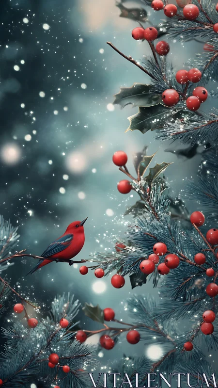 Red bird on winter berries in soft falling snow backdrop.