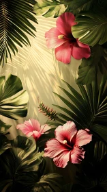 Rendered hibiscus flowers and tropical foliage under directional light