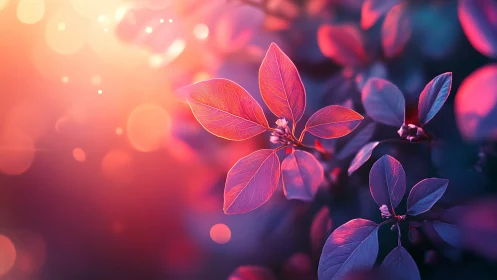 Neon leaves glow under soft bokeh sunset light.