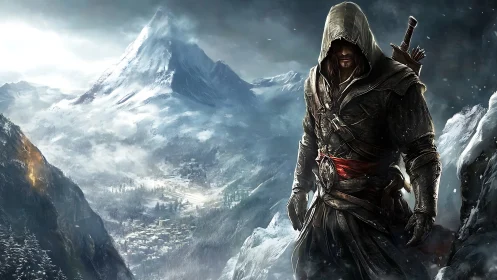 Hooded armed figure stands before snow-covered mountain range