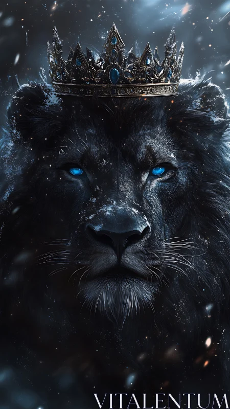 Regal black lion with icy crown and glowing blue eyes.