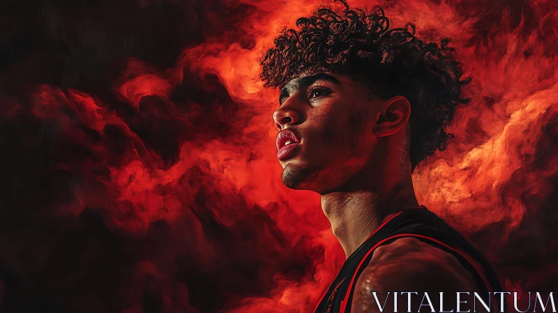 Basketball prodigy stands amid blazing red smoke backdrop