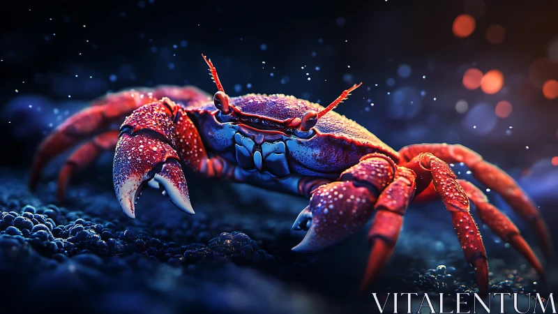 Vibrant red crab advances across glowing seabed at night