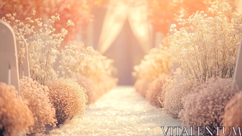 Softly lit wedding aisle lined with white floral arrangements.