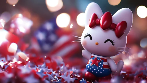 Patriotic cartoon cat figurine stands amid festive confetti