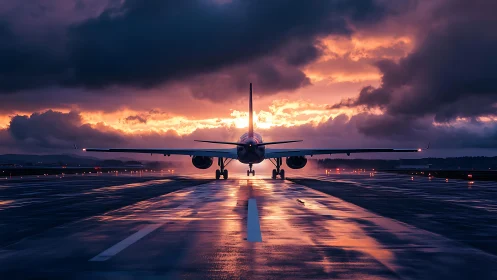 Airliner waits on wet runway beneath dramatic sunset sky.