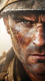 Battle hardened soldier close-up with dirt and scars.