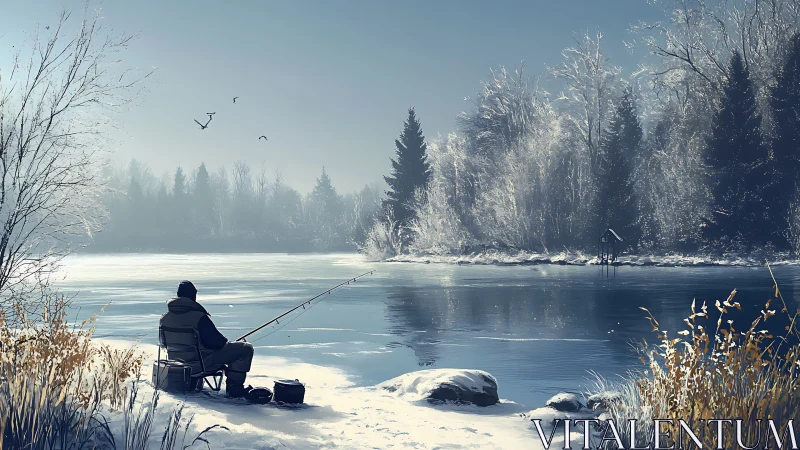 Solitary angler on frozen river under diffuse winter illumination.