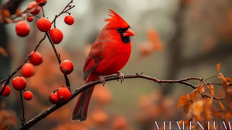 Vibrant red cardinal perched on autumn branch, nature photography.