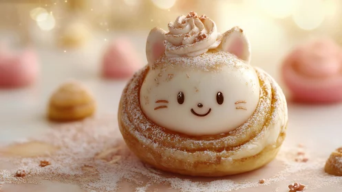 Sugar-dusted cat pastry smiles in dreamy dessert glow.