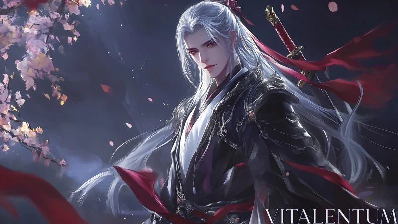 Moonlit swordsman trades cherry blossoms for crimson vows