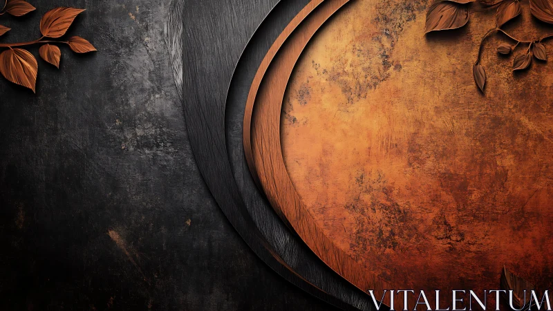 Layered metallic textures with copper leaves on dark background.