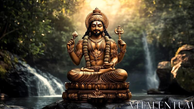 Golden Hindu deity statue rests before misty forest waterfall