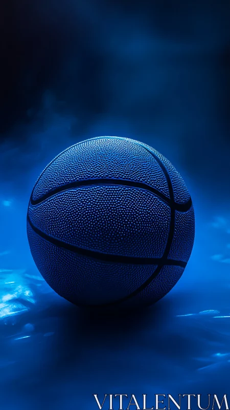 Monochrome blue basketball under dramatic studio rim light.