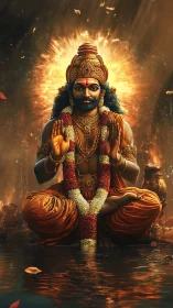 Radiant river-side deity in golden meditative stillness.