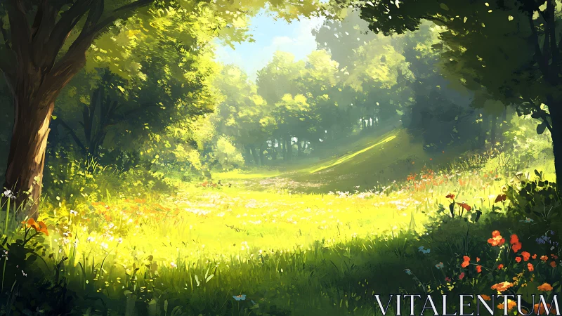 Sunlit forest clearing with wildflowers and dense foliage.