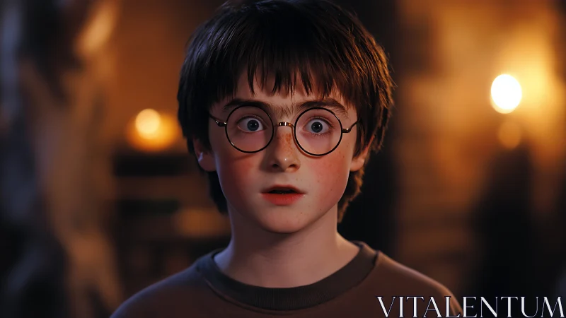 Close-up of shocked boy with round glasses in warm bokeh light