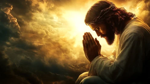 Kneeling robed figure in aureate cloudscape illumination study.