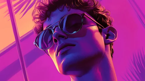 Neon lit portrait channels retro vaporwave summer haze.