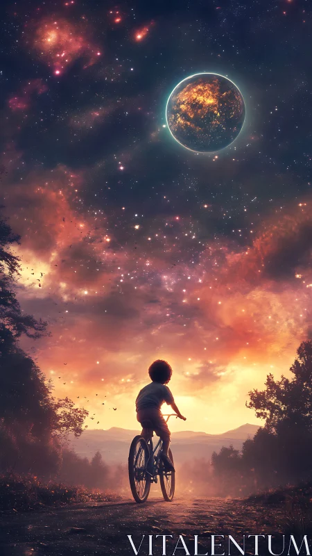 Child cyclist watches burning planet over dusk road