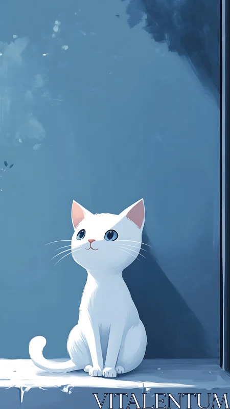 White cartoon cat in soft blue window light illustration.