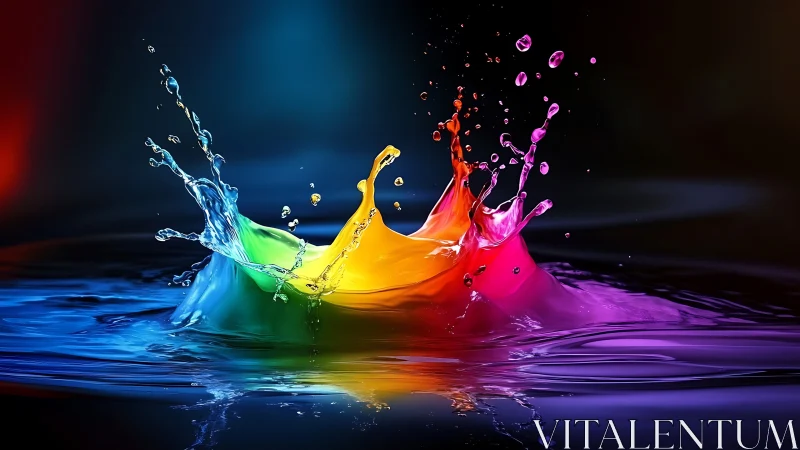 Chromatic liquid splash exploding across dark water surface.