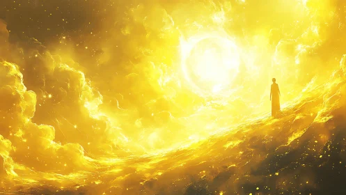 Solitary pilgrim drifting through a cascading golden sunstorm.