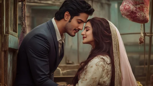 South Asian Wedding Portrait: Intimate Couple in Traditional Formal Attire.