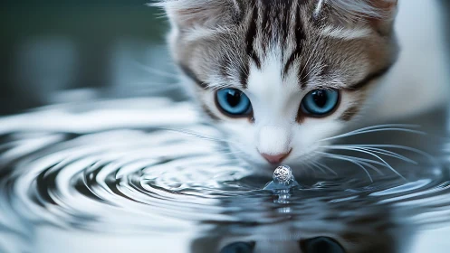 Gray Tabby Kitten with Crystalline Blue Eyes Observes Water Ripple