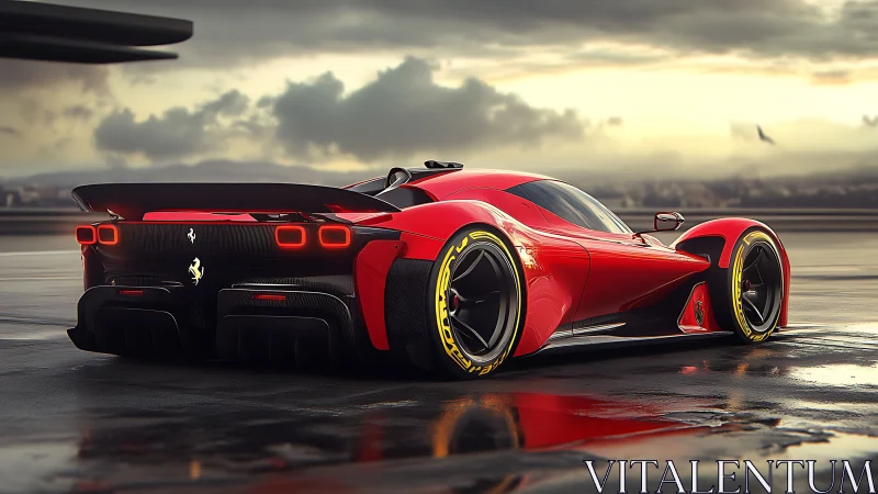 Scarlet hypercar prowls a rain-slick runway at dusk.