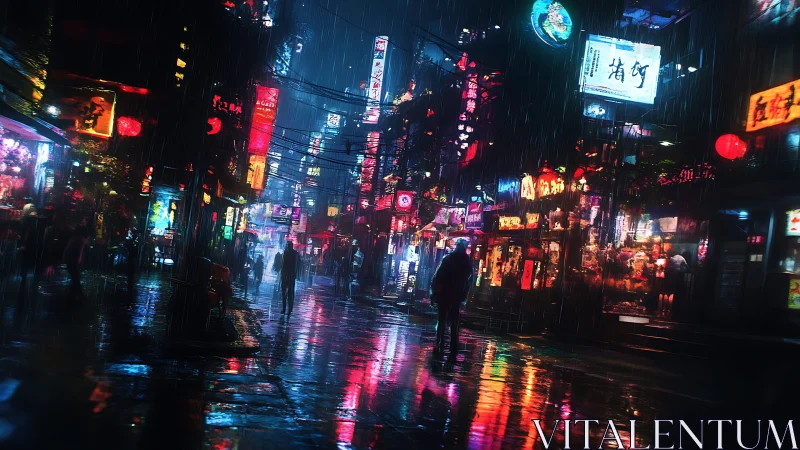 Neon drenched city street glows in a rainy midnight haze