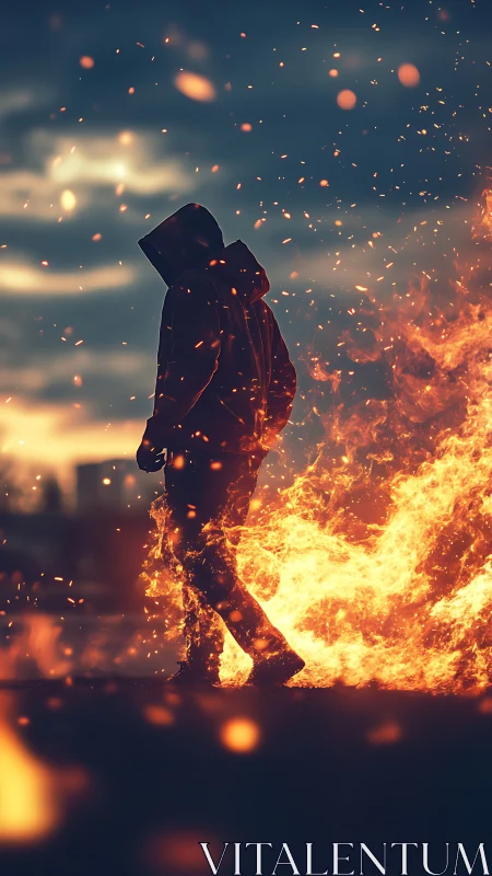 Figure Immersed in Flame Against Dark Sky.