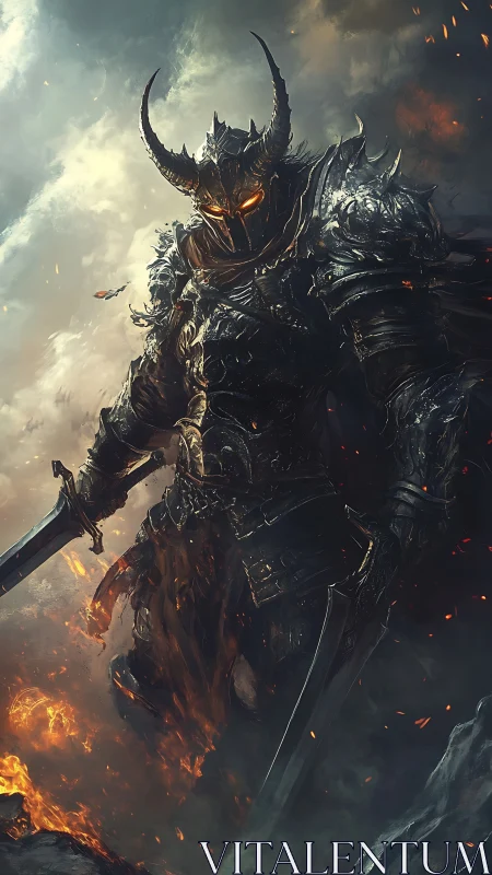 Storm-lit dark knight strides through sparks and shadowfire