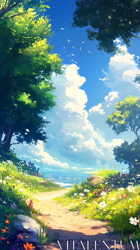 Coastal path through flowering meadow toward distant sea.