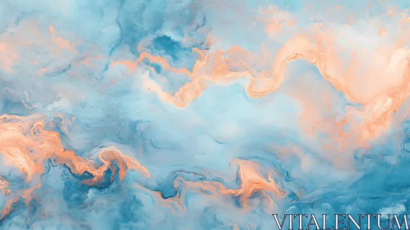 Soft swirling sky of blue and peachy daydream clouds.