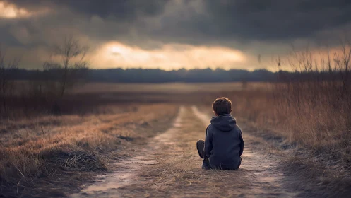 Solitary child on rural path under brooding evening sky.