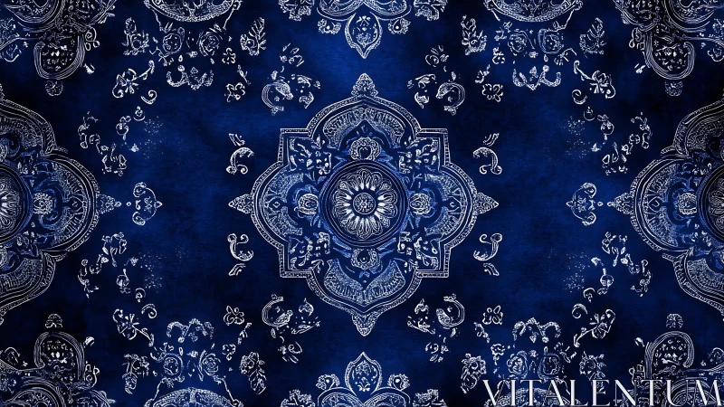 Ornate white mandala tessellation over deep indigo textile ground