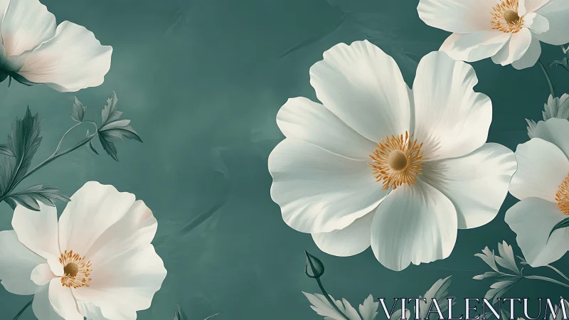 White Cosmos Flowers Against Teal Background