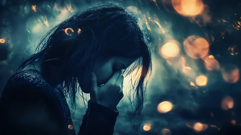Woman in silhouette holds face amid glowing bokeh haze.