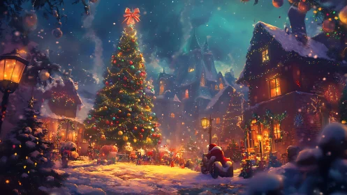Enchanted village square with luminous Christmas tree centerpiece.