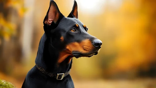Doberman dog portrait in sharp focus against autumn blur